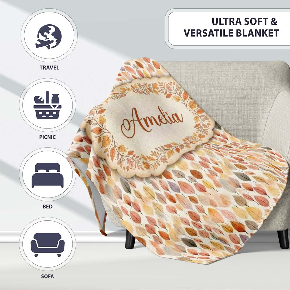 Soft Pastel Falling Leaves Autumn Seamless Pattern Name Cute Unique  Personalised Custom Name Super Soft Fleece Blanket Bed Sofa Throw