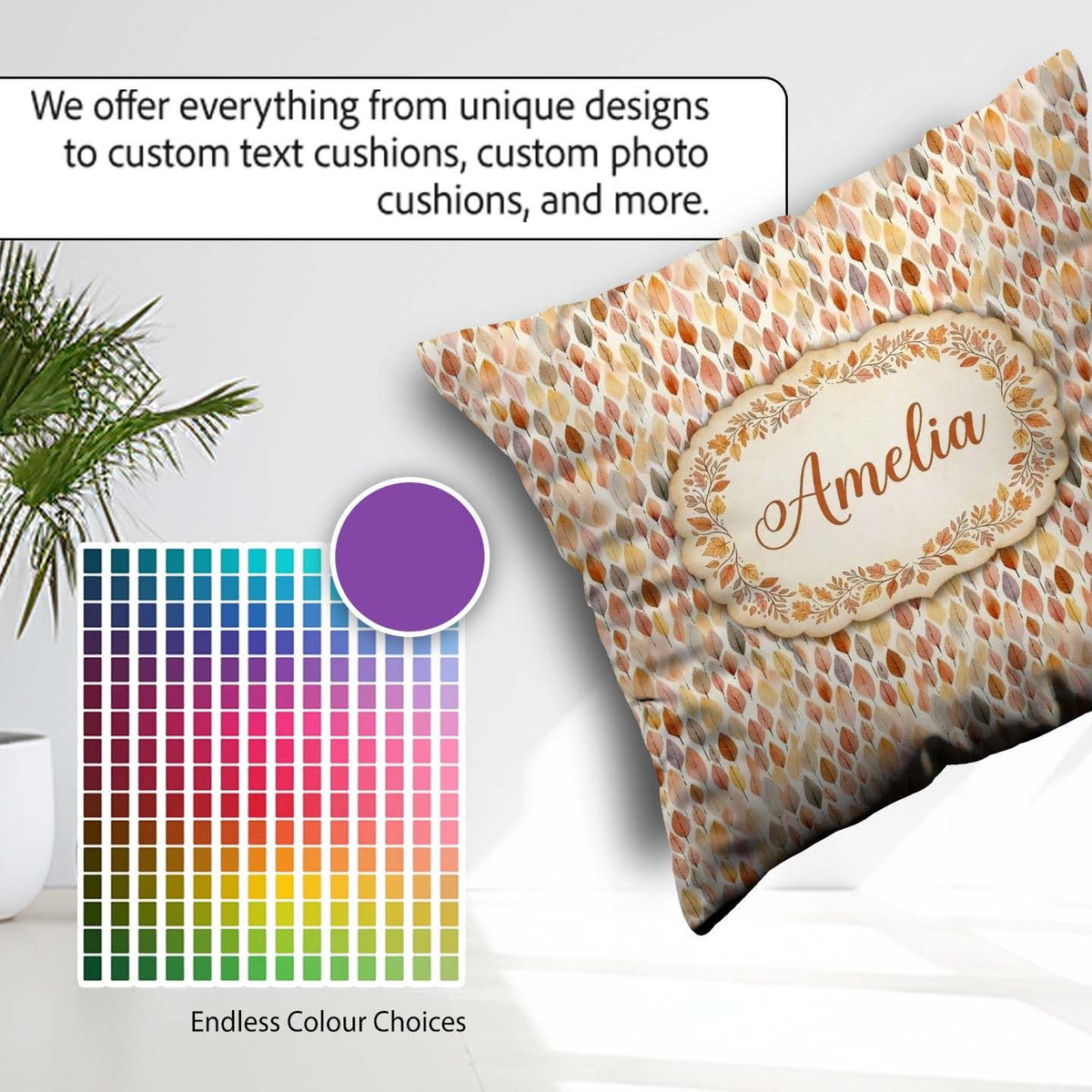 Custom Name Soft Pastel Falling Leaves Autumn Seamless Name Cute Square Filled Cushion Throw Pillow Sofa Bed Home Decor Zip Washable UK Made