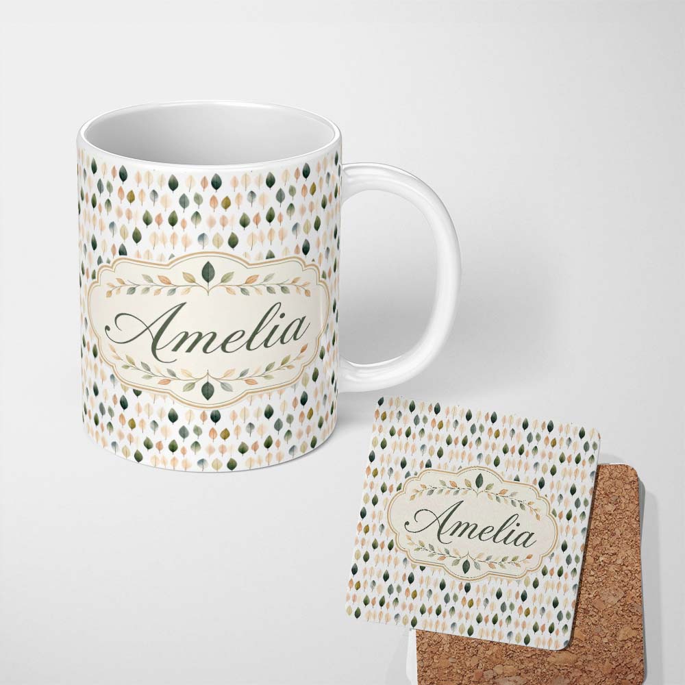 Personalized Custom Name Scattered Neutral Tone Leaves Elegant Seamless Pattern Name Cute 11oz Ceramic Coffee Tea Mug White Large Handle