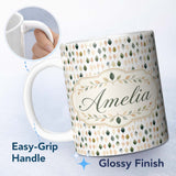 Personalized Custom Name Scattered Neutral Tone Leaves Elegant Seamless Pattern Name Cute 11oz Ceramic Coffee Tea Mug White Large Handle