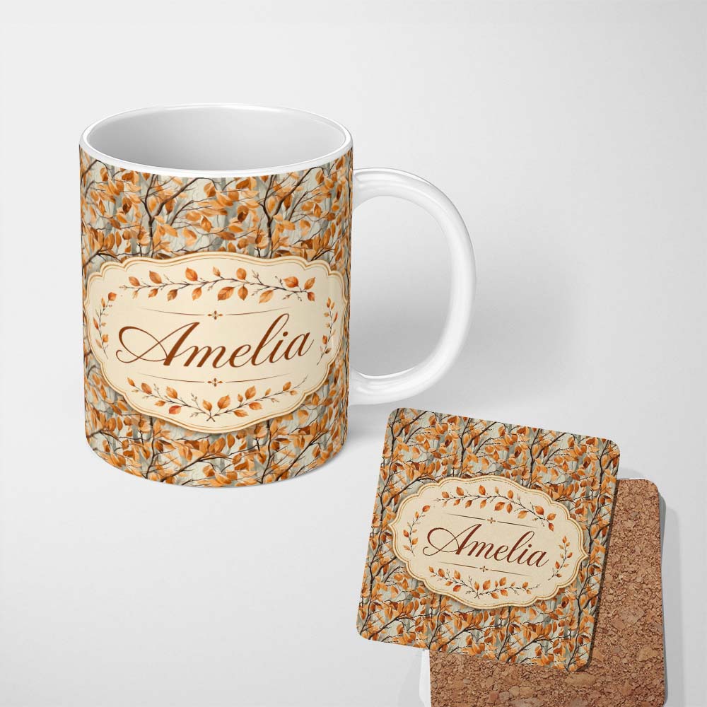 Personalized Custom Name Warm Autumn Branches with Brown Leaves Seamless Pattern Name Cute 11oz Ceramic Coffee Tea Mug White Large Handle