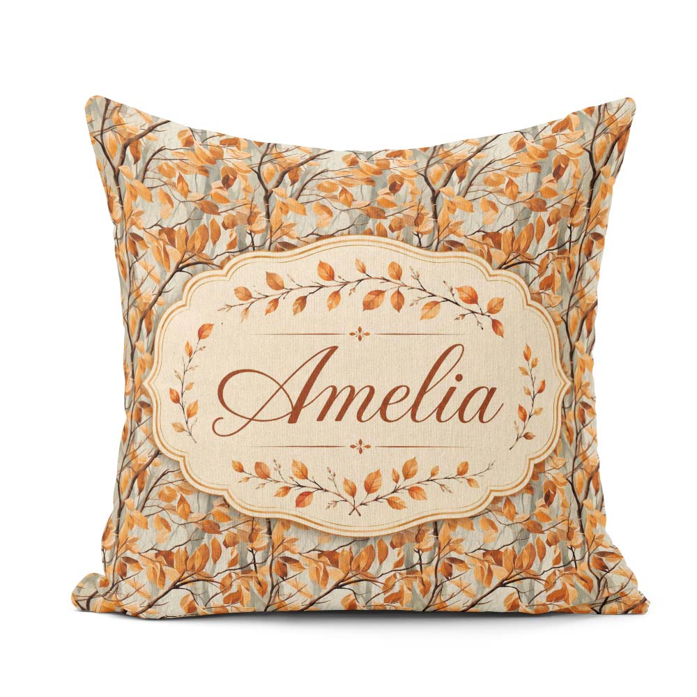 Custom Name Warm Autumn Branches with Brown Leaves Seamless Name Square Filled Cushion Throw Pillow Sofa Bed Home Decor Zip Washable UK Made
