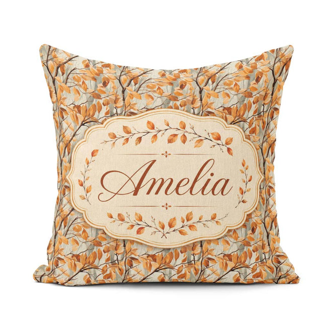 Custom Name Warm Autumn Branches with Brown Leaves Seamless Name Square Filled Cushion Throw Pillow Sofa Bed Home Decor Zip Washable UK Made