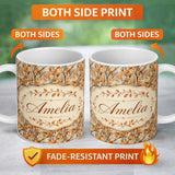 Personalized Custom Name Warm Autumn Branches with Brown Leaves Seamless Pattern Name Cute 11oz Ceramic Coffee Tea Mug White Large Handle