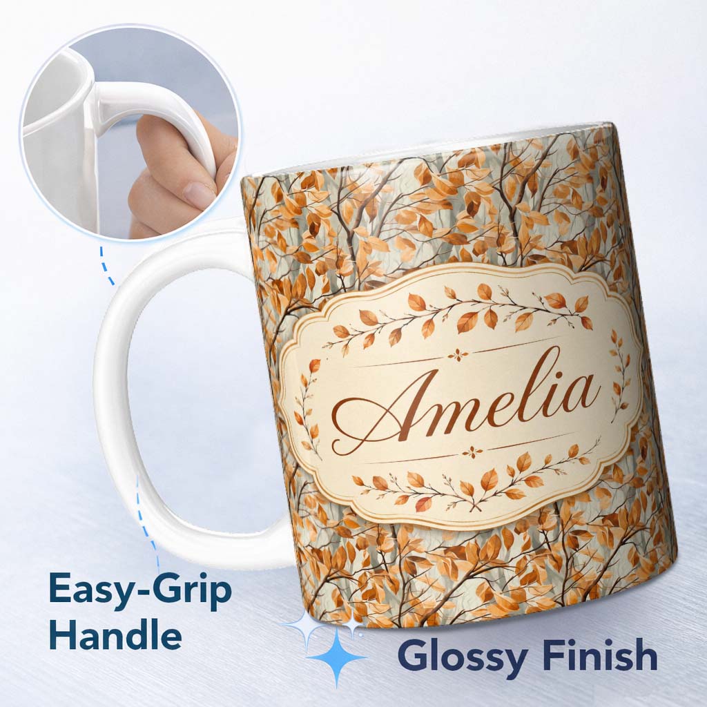 Personalized Custom Name Warm Autumn Branches with Brown Leaves Seamless Pattern Name Cute 11oz Ceramic Coffee Tea Mug White Large Handle