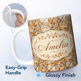 Personalized Custom Name Warm Autumn Branches with Brown Leaves Seamless Pattern Name Cute 11oz Ceramic Coffee Tea Mug White Large Handle