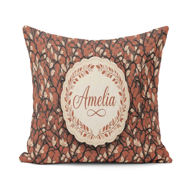 Custom Name Floral Autumn Branches with Orange Blossoms Seamless Square Filled Cushion Throw Pillow Sofa Bed Home Decor Zip Washable UK Made