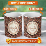 Personalized Custom Name Floral Autumn Branches with Orange Blossoms Seamless Pattern Name 11oz Ceramic Coffee Tea Mug White Large Handle