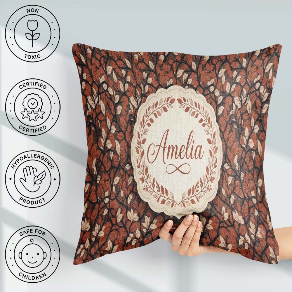 Custom Name Floral Autumn Branches with Orange Blossoms Seamless Square Filled Cushion Throw Pillow Sofa Bed Home Decor Zip Washable UK Made