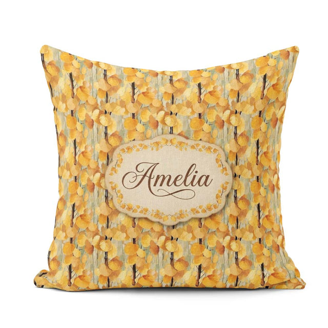 Custom Name Golden Yellow Autumn Leaves Dense Seamless Name Cute Square Filled Cushion Throw Pillow Sofa Bed Home Decor Zip Washable UK Made