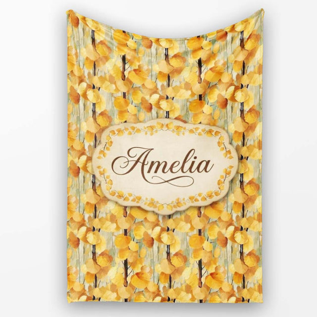 Golden Yellow Autumn Leaves Dense Seamless Pattern Name Cute Unique  Personalised Custom Name Super Soft Fleece Blanket Bed Sofa Throw