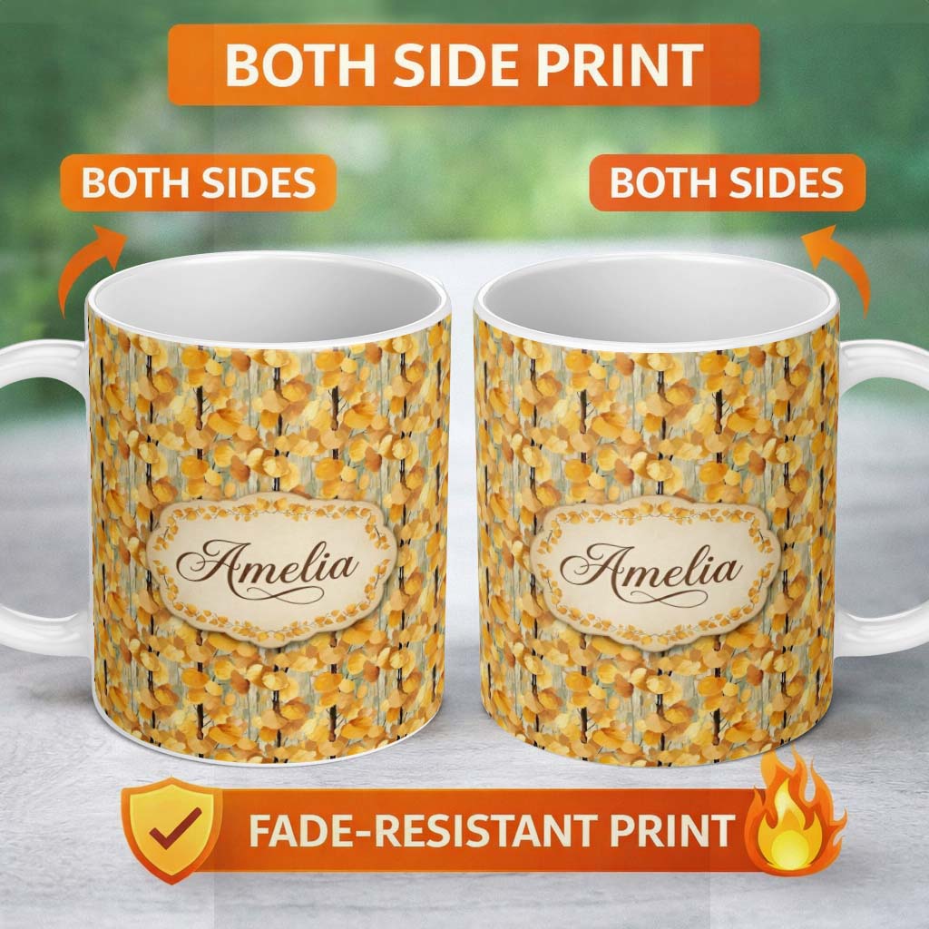 Personalized Custom Name Golden Yellow Autumn Leaves Dense Seamless Pattern Name Cute Unique 11oz Ceramic Coffee Tea Mug White Large Handle