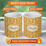 Personalized Custom Name Golden Yellow Autumn Leaves Dense Seamless Pattern Name Cute Unique 11oz Ceramic Coffee Tea Mug White Large Handle