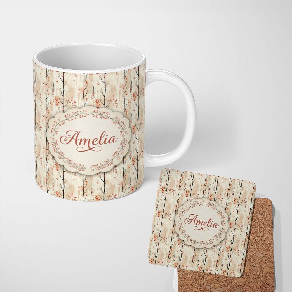Personalized Custom Name Minimal Birch Trees with Red Leaves Soft Autumn Seamless Pattern 11oz Ceramic Coffee Tea Mug White Large Handle
