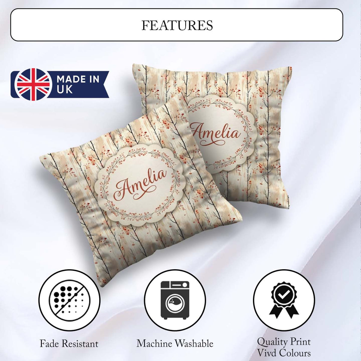 Custom Name Minimal Birch Trees with Leaves Soft Autumn Seamless Square Filled Cushion Throw Pillow Sofa Bed Home Decor Zip Washable UK Made