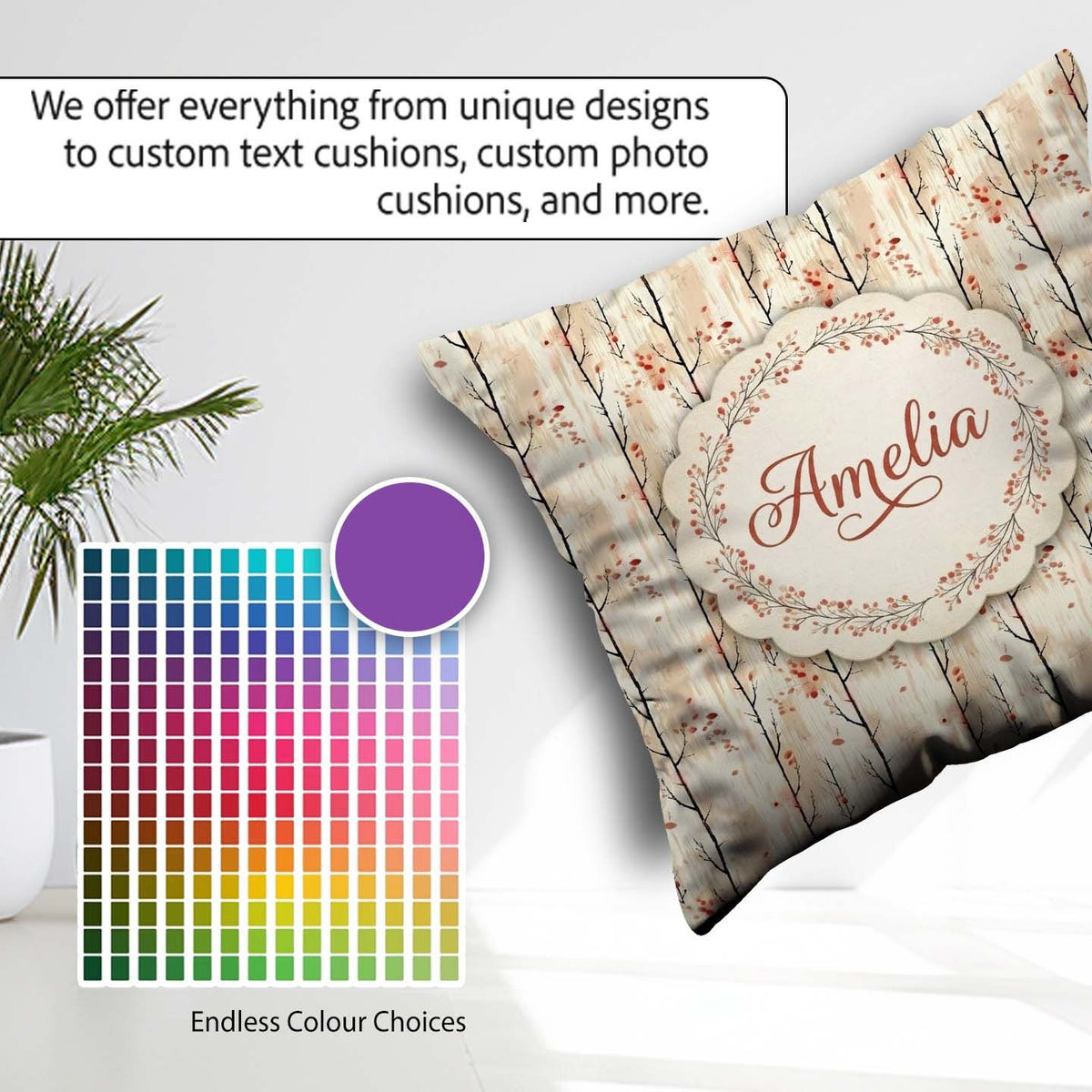 Custom Name Minimal Birch Trees with Leaves Soft Autumn Seamless Square Filled Cushion Throw Pillow Sofa Bed Home Decor Zip Washable UK Made
