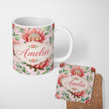Personalized Custom Name Coral Protea Flowers on Blush Pink Background Seamless Botanical 11oz Ceramic Coffee Tea Mug White Large Handle