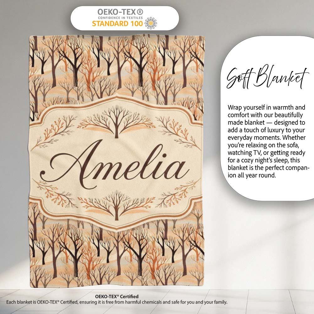 Abstract Forest Trees in Warm Earth Tones Seamless Pattern Name Cute  Personalised Custom Name Super Soft Fleece Blanket Bed Sofa Throw