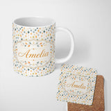 Personalized Custom Name Soft Pastel Autumn Leaves Scattered Seamless Pattern Name Cute 11oz Ceramic Coffee Tea Mug White Large Handle