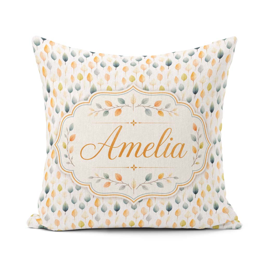 Custom Name Soft Pastel Autumn Leaves Seamless Pattern Name Cute Square Filled Cushion Throw Pillow Sofa Bed Home Decor Zip Washable UK Made