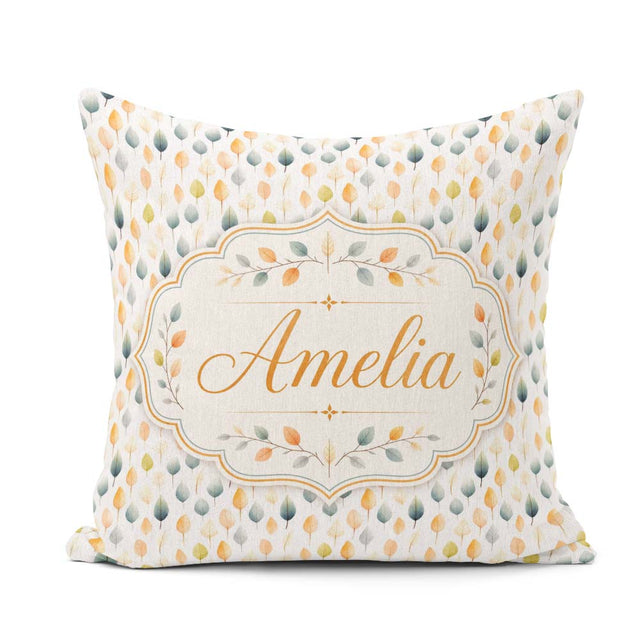 Custom Name Soft Pastel Autumn Leaves Seamless Pattern Name Cute Square Filled Cushion Throw Pillow Sofa Bed Home Decor Zip Washable UK Made