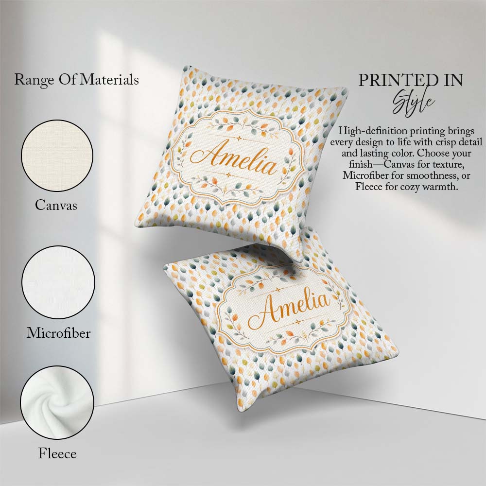 Custom Name Soft Pastel Autumn Leaves Seamless Pattern Name Cute Square Filled Cushion Throw Pillow Sofa Bed Home Decor Zip Washable UK Made