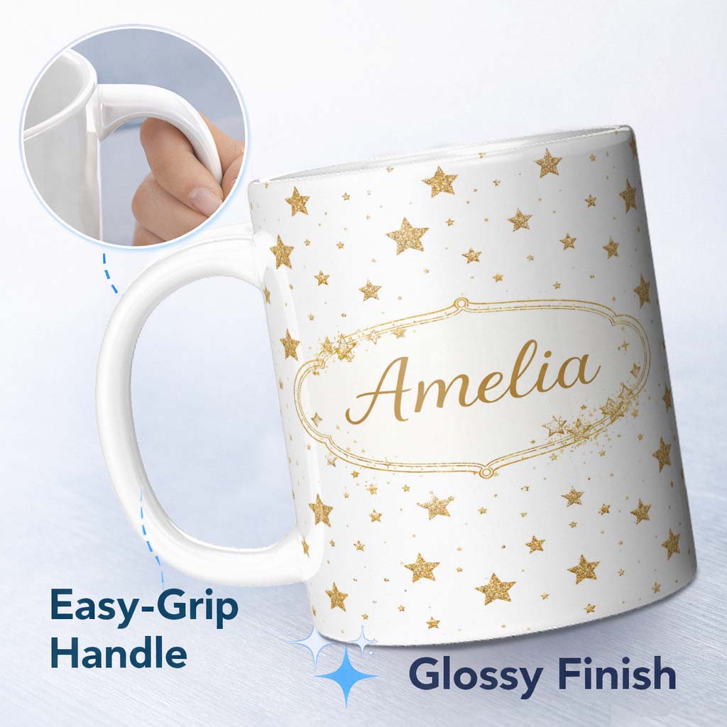 Personalized Custom Name Gold Glitter Stars on White Seamless Pattern Stylish Everyday Mug 11oz Ceramic Coffee Tea Mug White Large Handle
