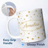 Personalized Custom Name Gold Glitter Stars on White Seamless Pattern Stylish Everyday Mug 11oz Ceramic Coffee Tea Mug White Large Handle