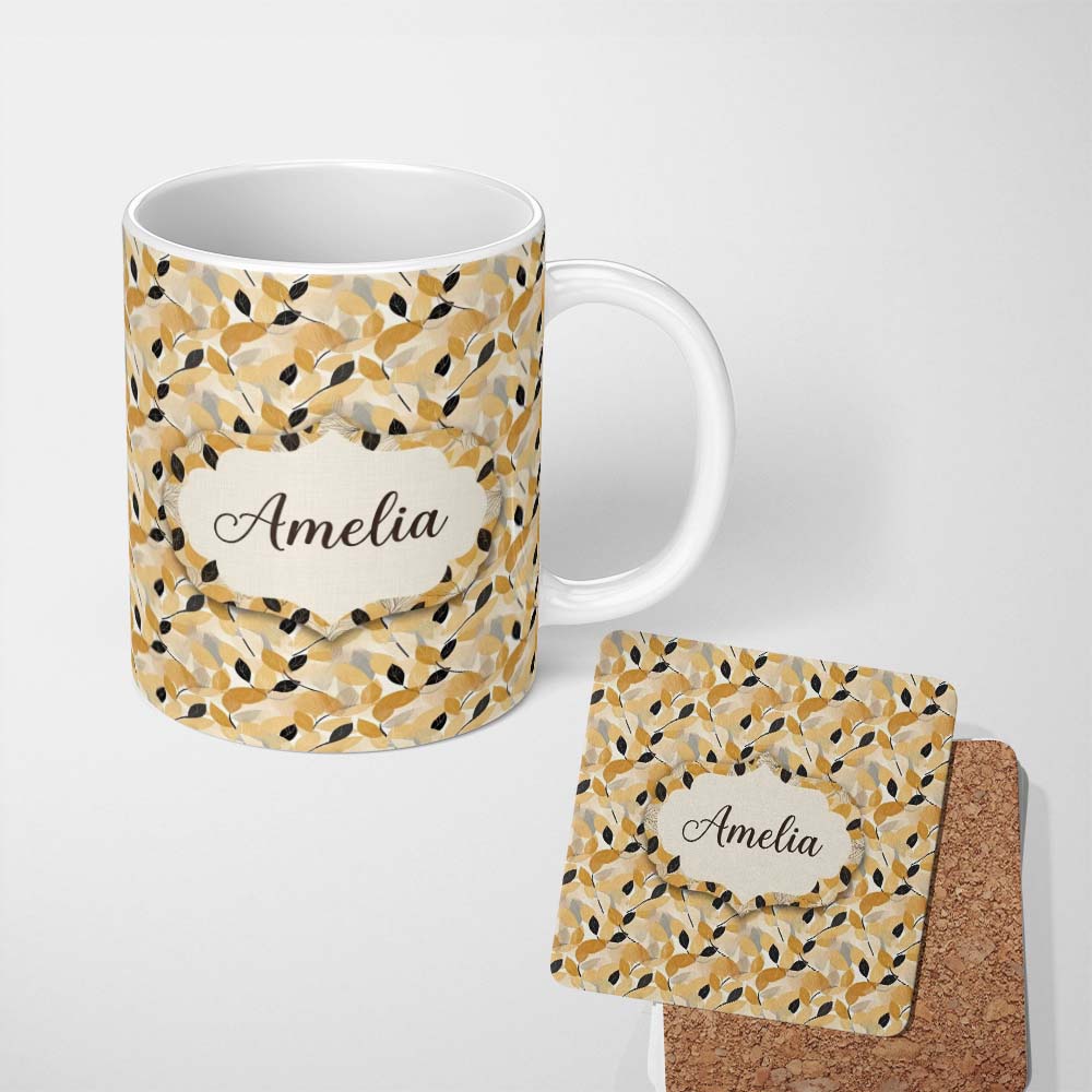 Personalized Custom Name Golden and Black Leaves Elegant Botanical Seamless Pattern Name Cute 11oz Ceramic Coffee Tea Mug White Large Handle