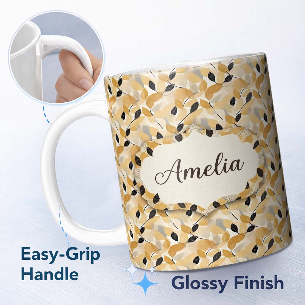 Personalized Custom Name Golden and Black Leaves Elegant Botanical Seamless Pattern Name Cute 11oz Ceramic Coffee Tea Mug White Large Handle