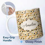 Personalized Custom Name Golden and Black Leaves Elegant Botanical Seamless Pattern Name Cute 11oz Ceramic Coffee Tea Mug White Large Handle