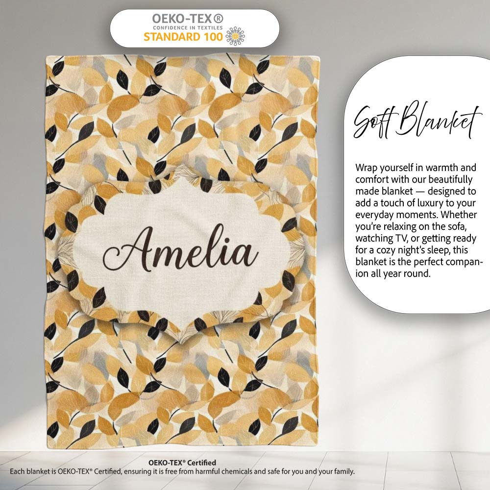 Golden and Black Leaves Elegant Botanical Seamless Pattern Name Cute  Personalised Custom Name Super Soft Fleece Blanket Bed Sofa Throw