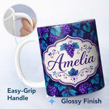 Personalized Custom Name Vintage Style Grapes Botanical Illustration Seamless Pattern Lovely 11oz Ceramic Coffee Tea Mug White Large Handle