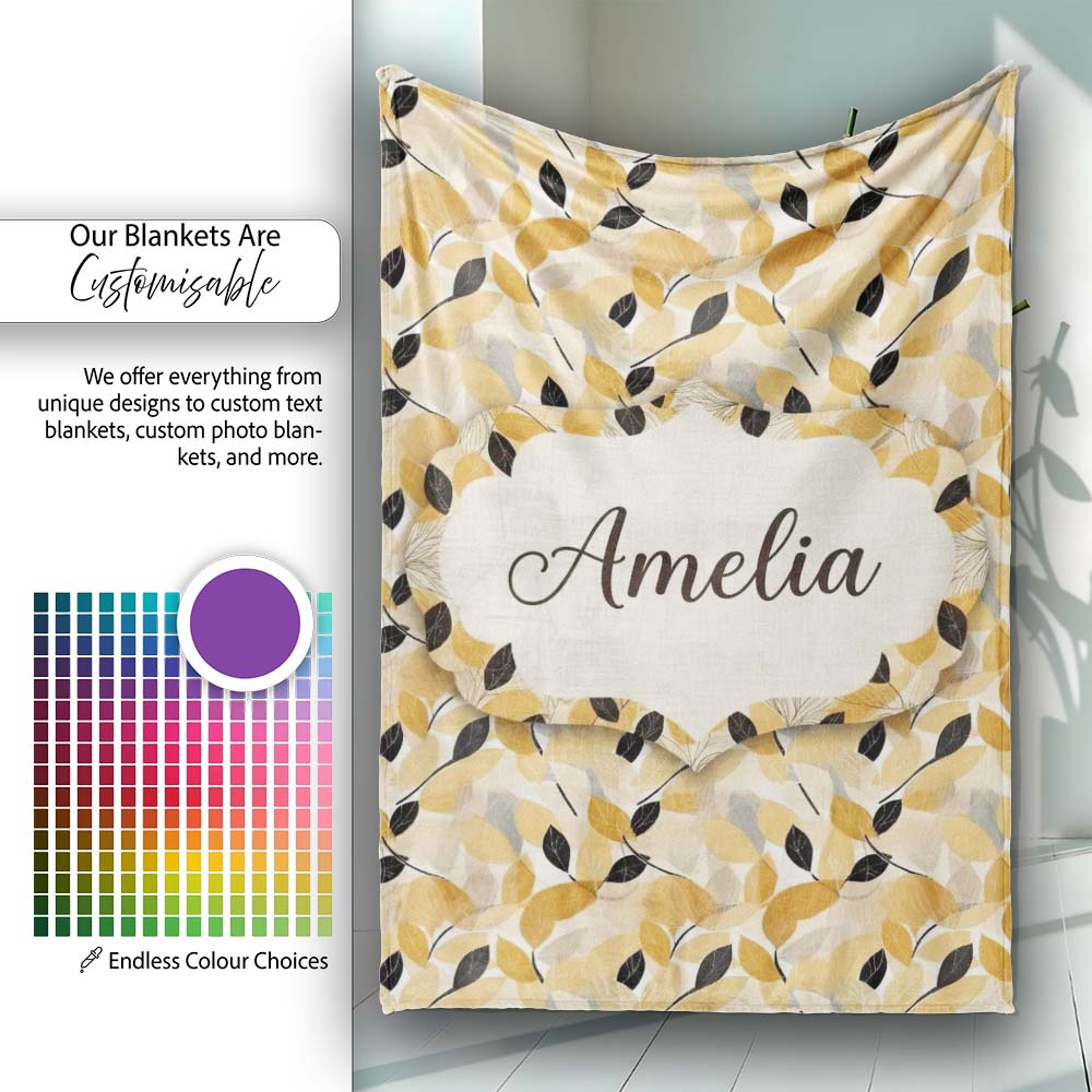 Golden and Black Leaves Elegant Botanical Seamless Pattern Name Cute  Personalised Custom Name Super Soft Fleece Blanket Bed Sofa Throw