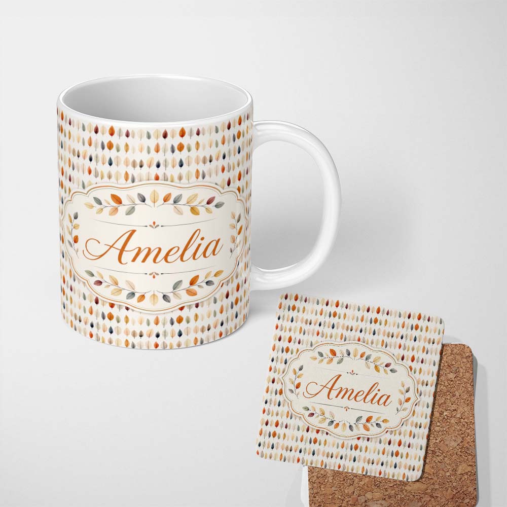 Personalized Custom Name Small Multicolour Autumn Leaves Repeating Seamless Pattern Name Cute 11oz Ceramic Coffee Tea Mug White Large Handle