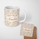 Personalized Custom Name Small Multicolour Autumn Leaves Repeating Seamless Pattern Name Cute 11oz Ceramic Coffee Tea Mug White Large Handle