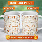 Personalized Custom Name Small Multicolour Autumn Leaves Repeating Seamless Pattern Name Cute 11oz Ceramic Coffee Tea Mug White Large Handle