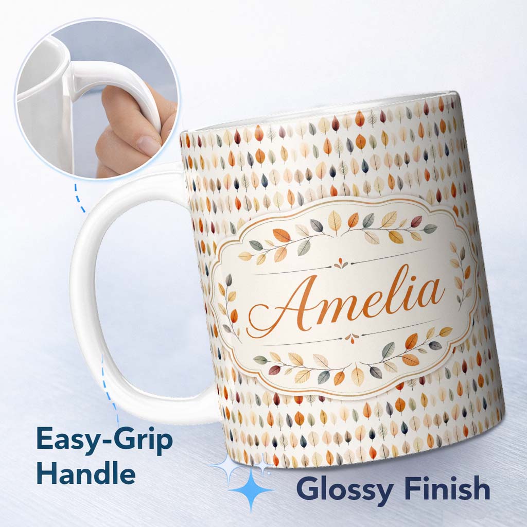 Personalized Custom Name Small Multicolour Autumn Leaves Repeating Seamless Pattern Name Cute 11oz Ceramic Coffee Tea Mug White Large Handle