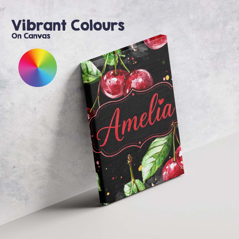Personalised Name Watercolor Cherry Fruit Dark Artistic Splash Custom Modern Room Accent Canvas Wall Art Print Decor Picture Ready to Hang