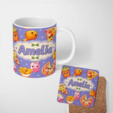Personalized Custom Name Cute Kawaii Fast Food Pizza Chicken Soda Purple Background Seamless 11oz Ceramic Coffee Tea Mug White Large Handle