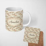 Personalized Custom Name Delicate Cherry Blossom Branches Vintage Style Seamless Pattern 11oz Ceramic Coffee Tea Mug White Large Handle