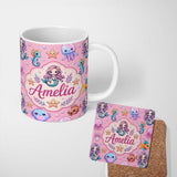 Personalized Custom Name Cute Cartoon Mermaid with Sea Creatures on Pink Background Playful 11oz Ceramic Coffee Tea Mug White Large Handle
