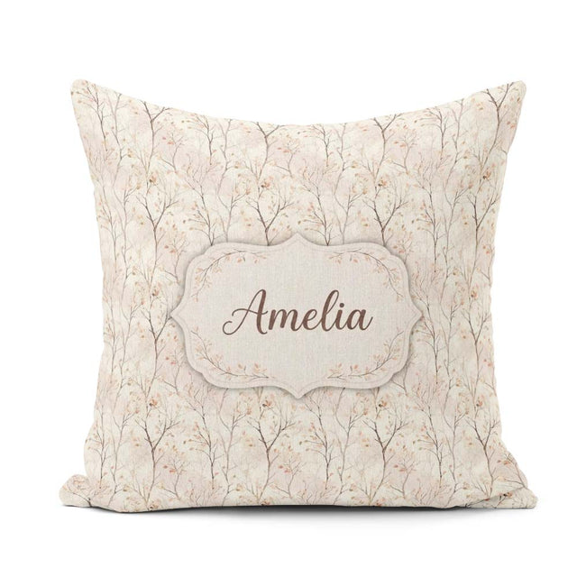 Custom Name Soft Neutral Autumn Trees Subtle Faded Seamless Name Square Filled Cushion Throw Pillow Sofa Bed Home Decor Zip Washable UK Made