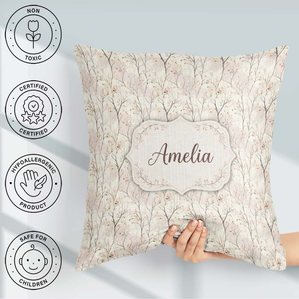 Custom Name Soft Neutral Autumn Trees Subtle Faded Seamless Name Square Filled Cushion Throw Pillow Sofa Bed Home Decor Zip Washable UK Made
