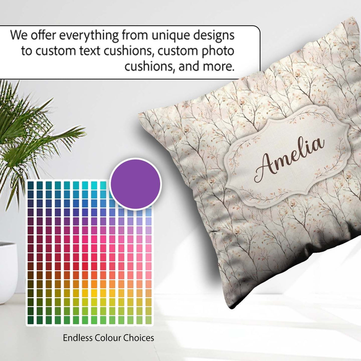 Custom Name Soft Neutral Autumn Trees Subtle Faded Seamless Name Square Filled Cushion Throw Pillow Sofa Bed Home Decor Zip Washable UK Made