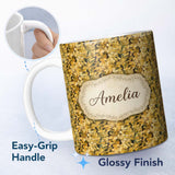 Personalized Custom Name Golden Fall Foliage Dense Leaf Texture Seamless Pattern Name Cute 11oz Ceramic Coffee Tea Mug White Large Handle