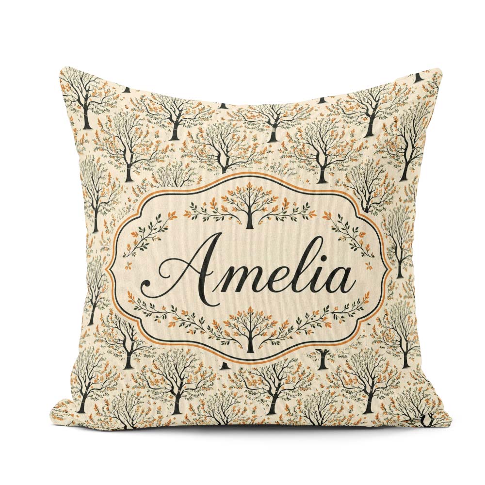 Custom Name Stylized Autumn Trees with Leaves Seamless Name Cute Square Filled Cushion Throw Pillow Sofa Bed Home Decor Zip Washable UK Made