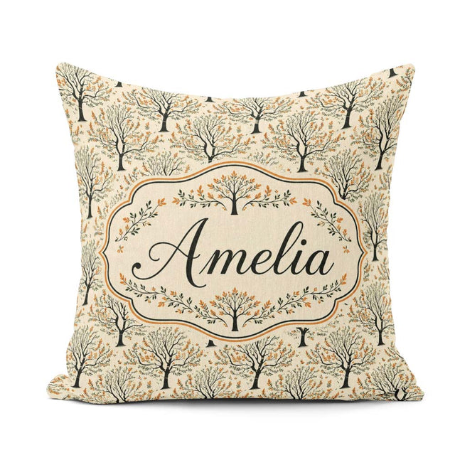 Custom Name Stylized Autumn Trees with Leaves Seamless Name Cute Square Filled Cushion Throw Pillow Sofa Bed Home Decor Zip Washable UK Made