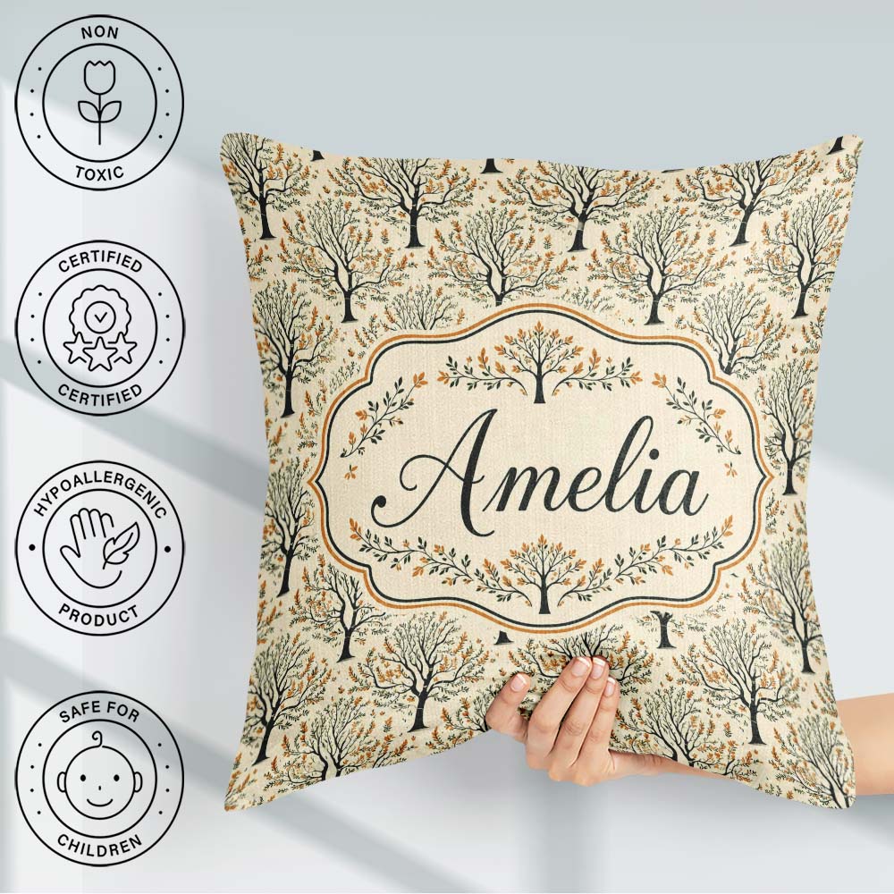 Custom Name Stylized Autumn Trees with Leaves Seamless Name Cute Square Filled Cushion Throw Pillow Sofa Bed Home Decor Zip Washable UK Made