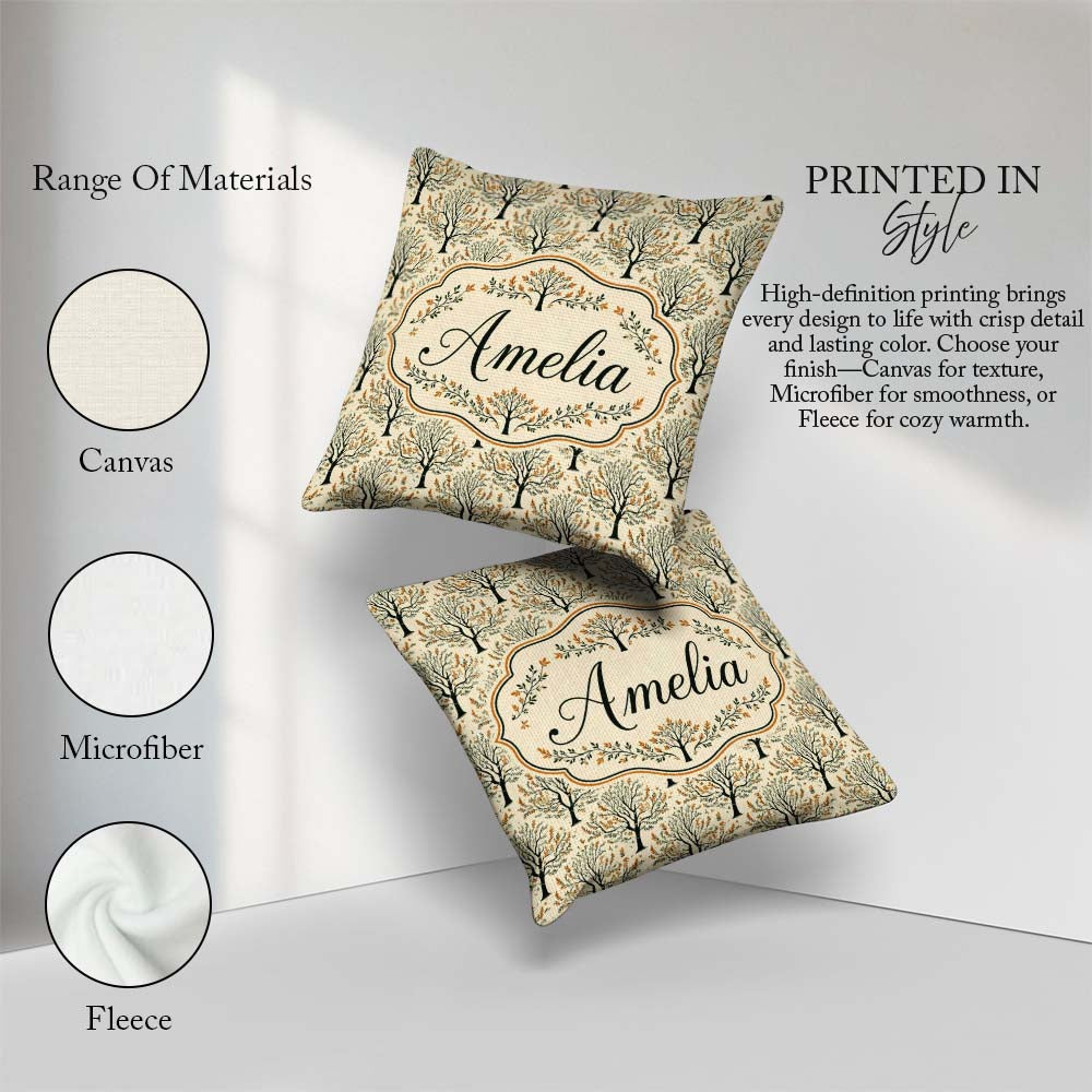 Custom Name Stylized Autumn Trees with Leaves Seamless Name Cute Square Filled Cushion Throw Pillow Sofa Bed Home Decor Zip Washable UK Made